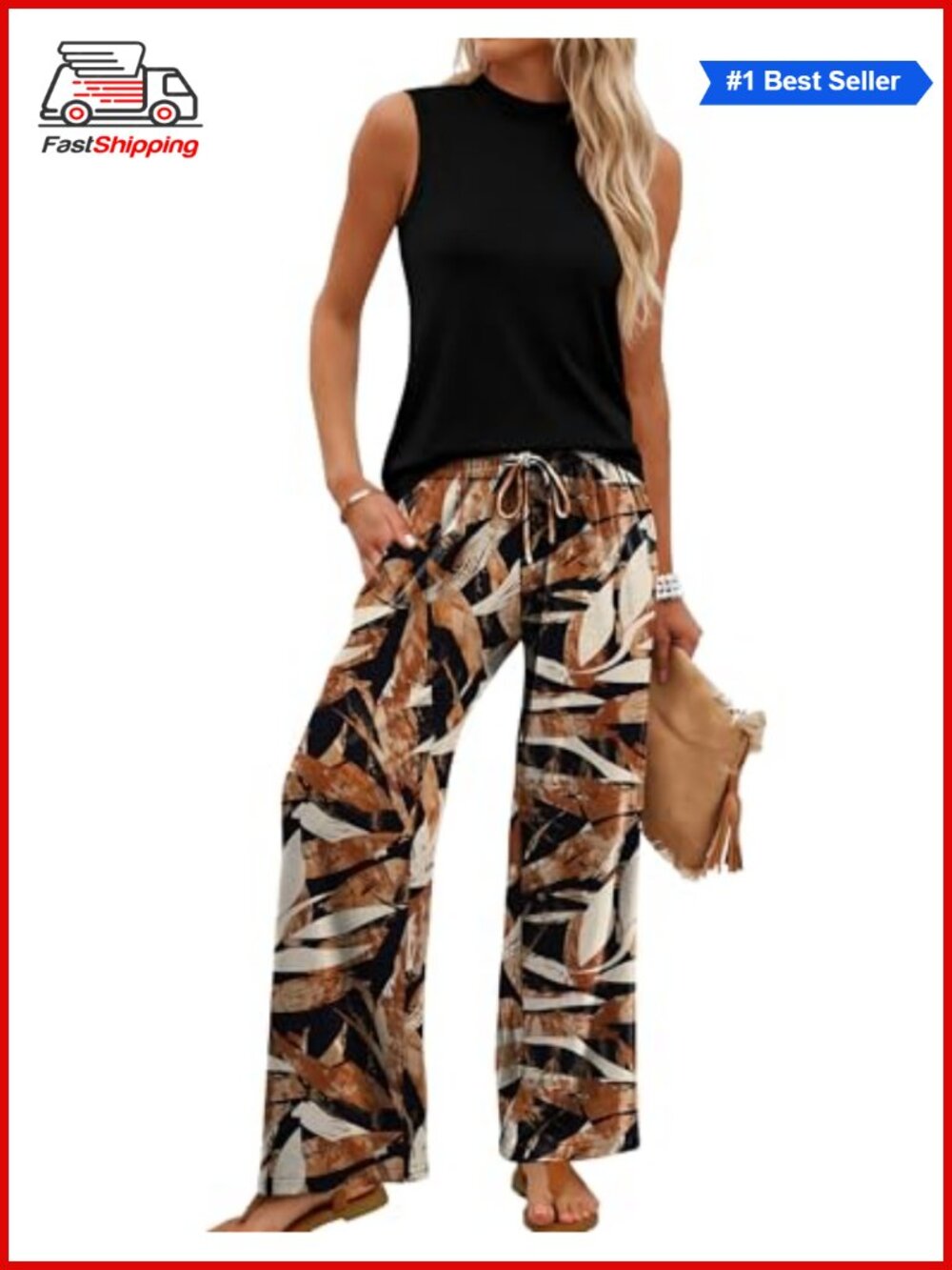 ✨ WIHOLL Two Piece Set Mock Neck Sleeveless Top Wide Leg Pants Travel Vacation